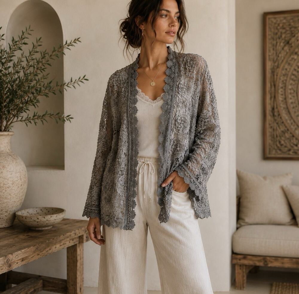 POL S/M Gray 3D Rosette Lace Duster Cardigan Romantic Lagenlook Boho Jacket